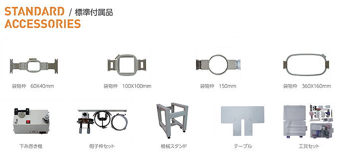 Sinsim刺繍機、PB、ミシン、単頭機、標準付属品